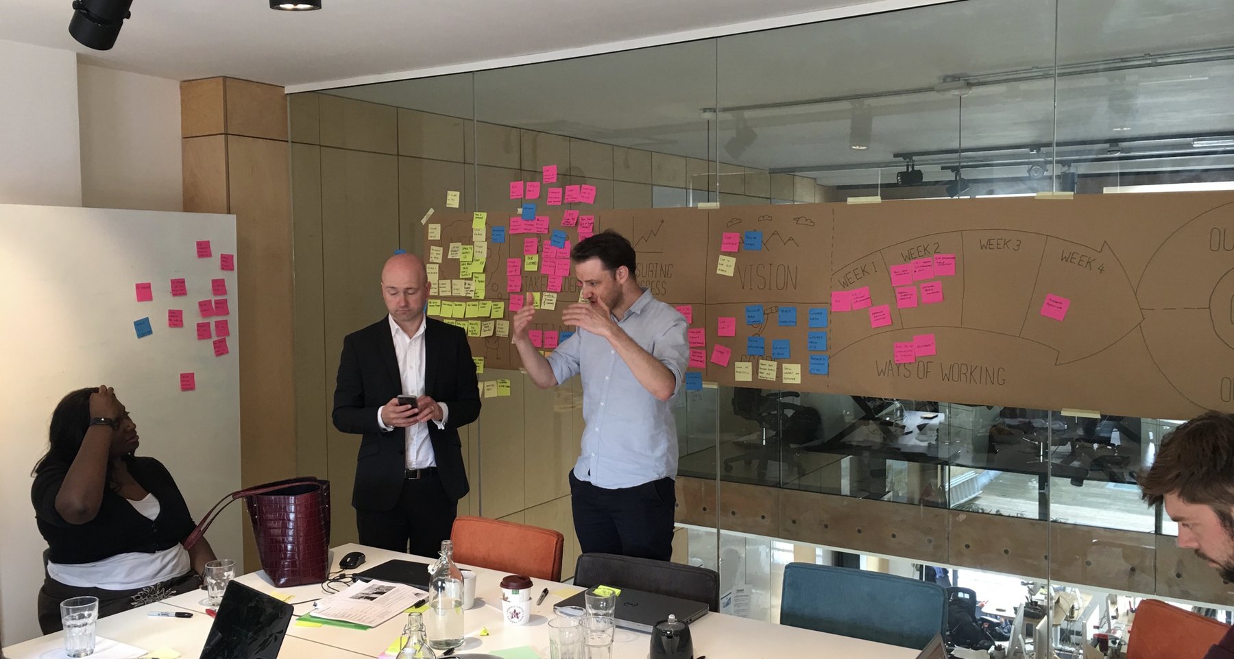 A collaborative discovery workshop, mental-model diagrams on the whiteboard