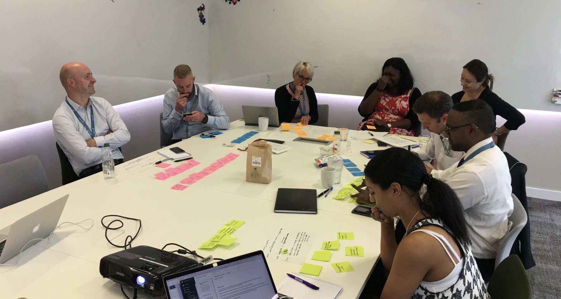A stakeholder playback around a boardroom table, sticky notes across the table