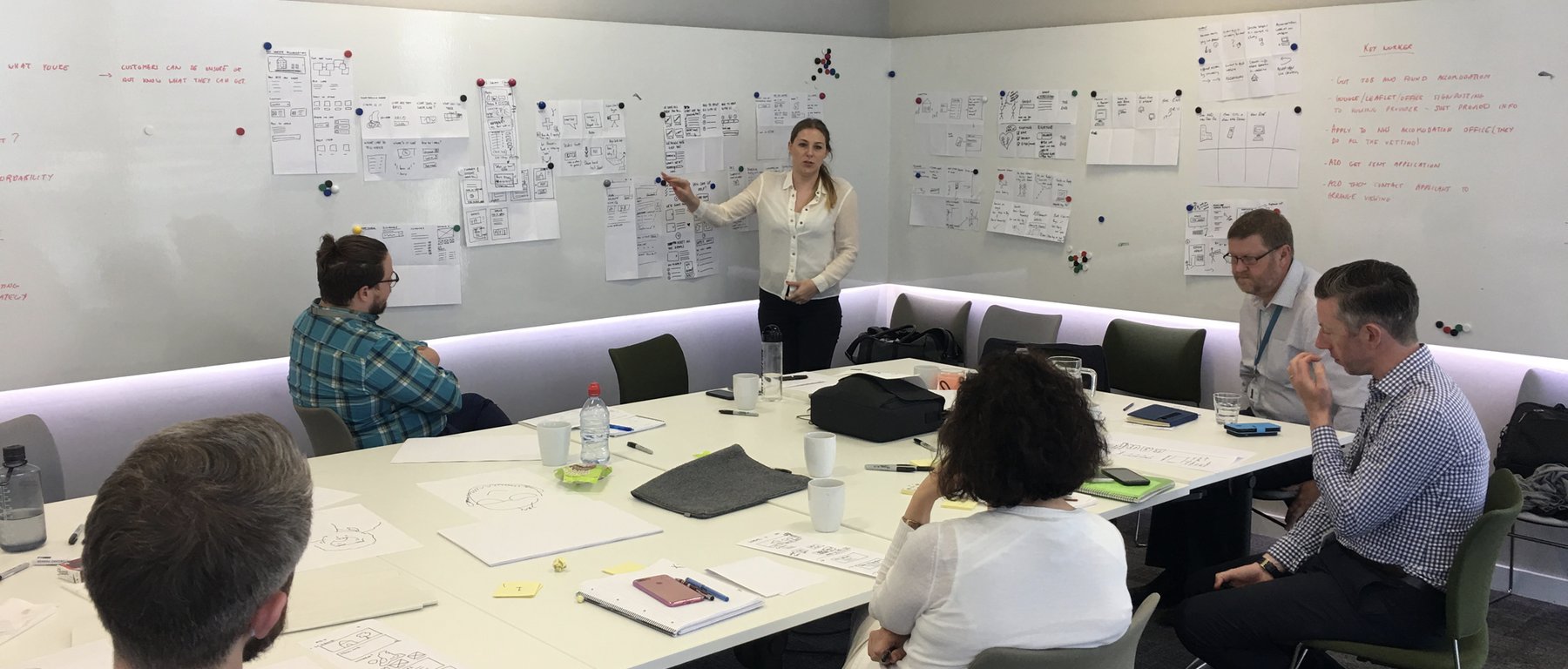 A designer presenting a wall of wireframe sketches to the project team
