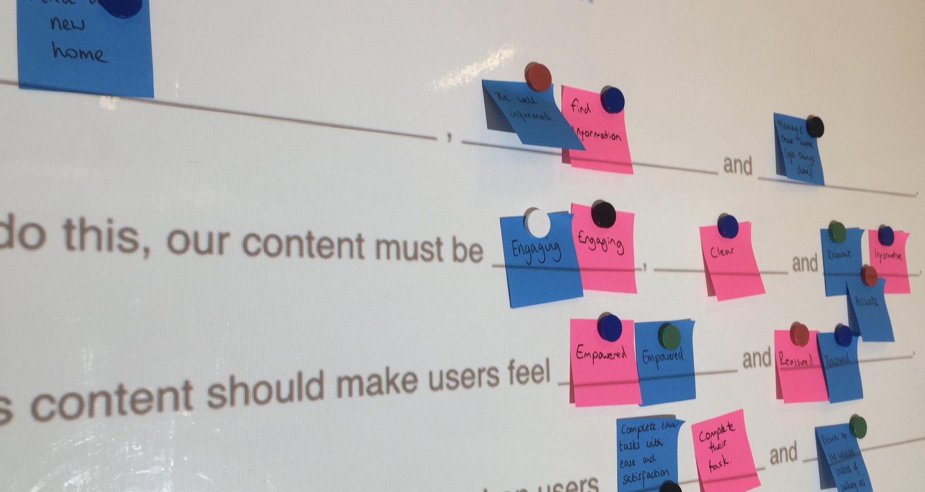 A content workshop wall, working through what the content must be and how it should make users feel