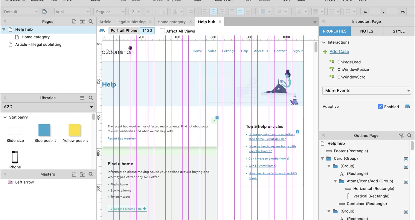 The A2Dominion help hub being built as a working prototype in a design tool