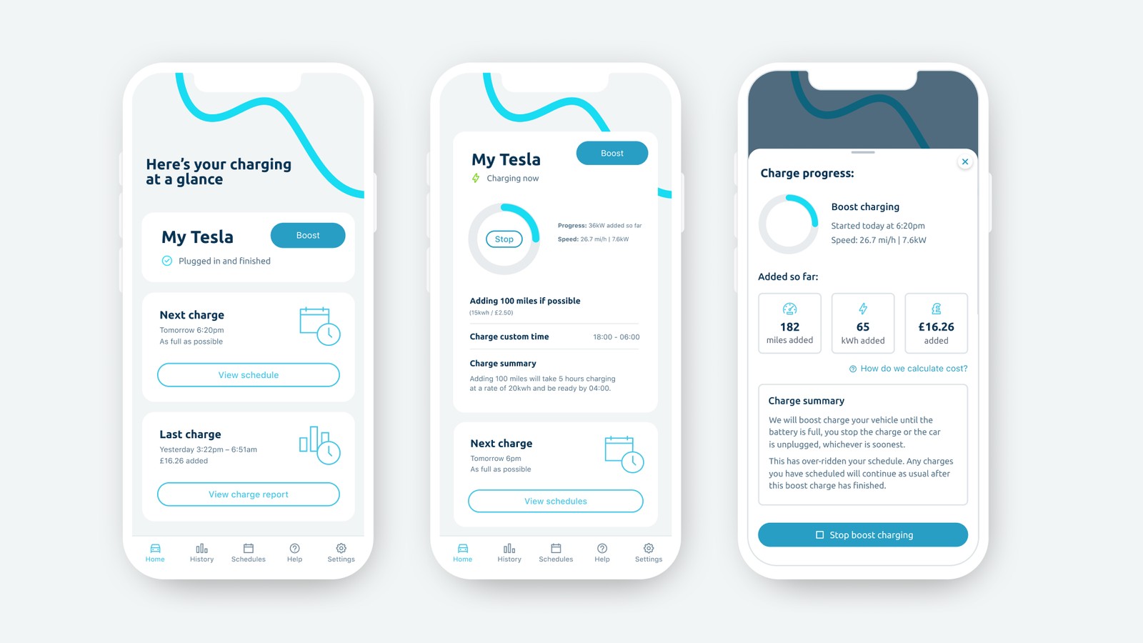The customer app home, charging and boost screens