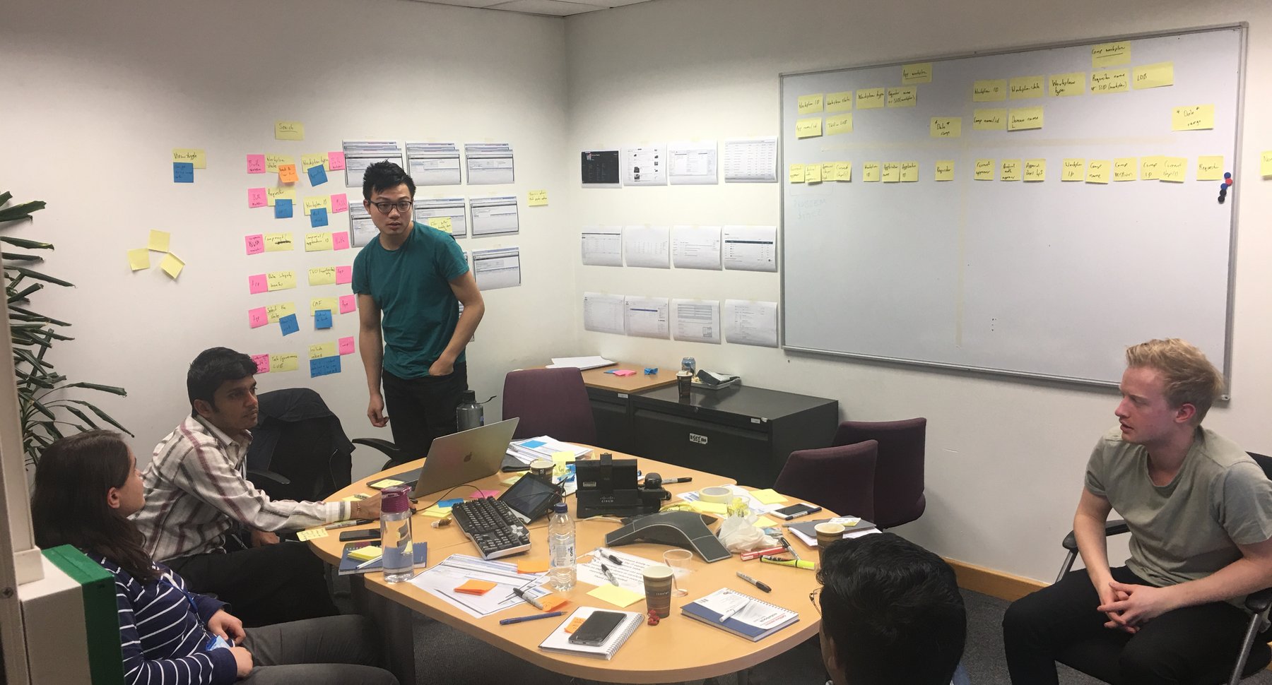 A team workshop, someone standing to present with wireframes and sticky notes on the walls