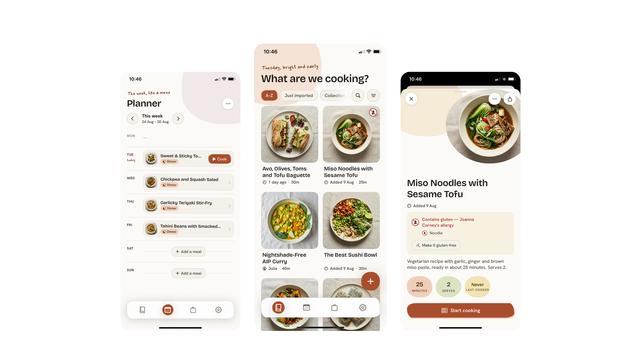 Olive on iPhone — the weekly planner, the recipe library and a recipe view