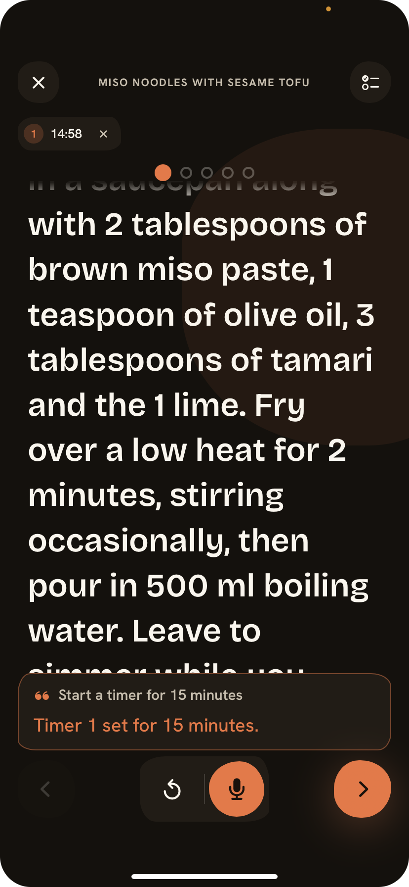 Cook mode with large step text and hands-free voice control