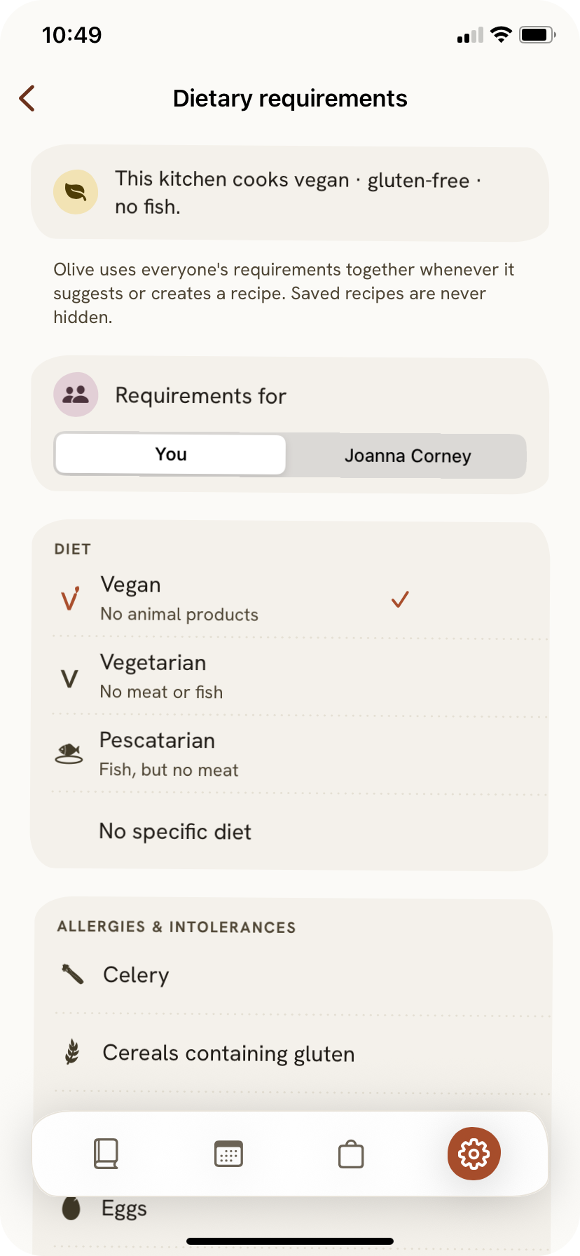 Dietary requirements set per person, with diets and allergies