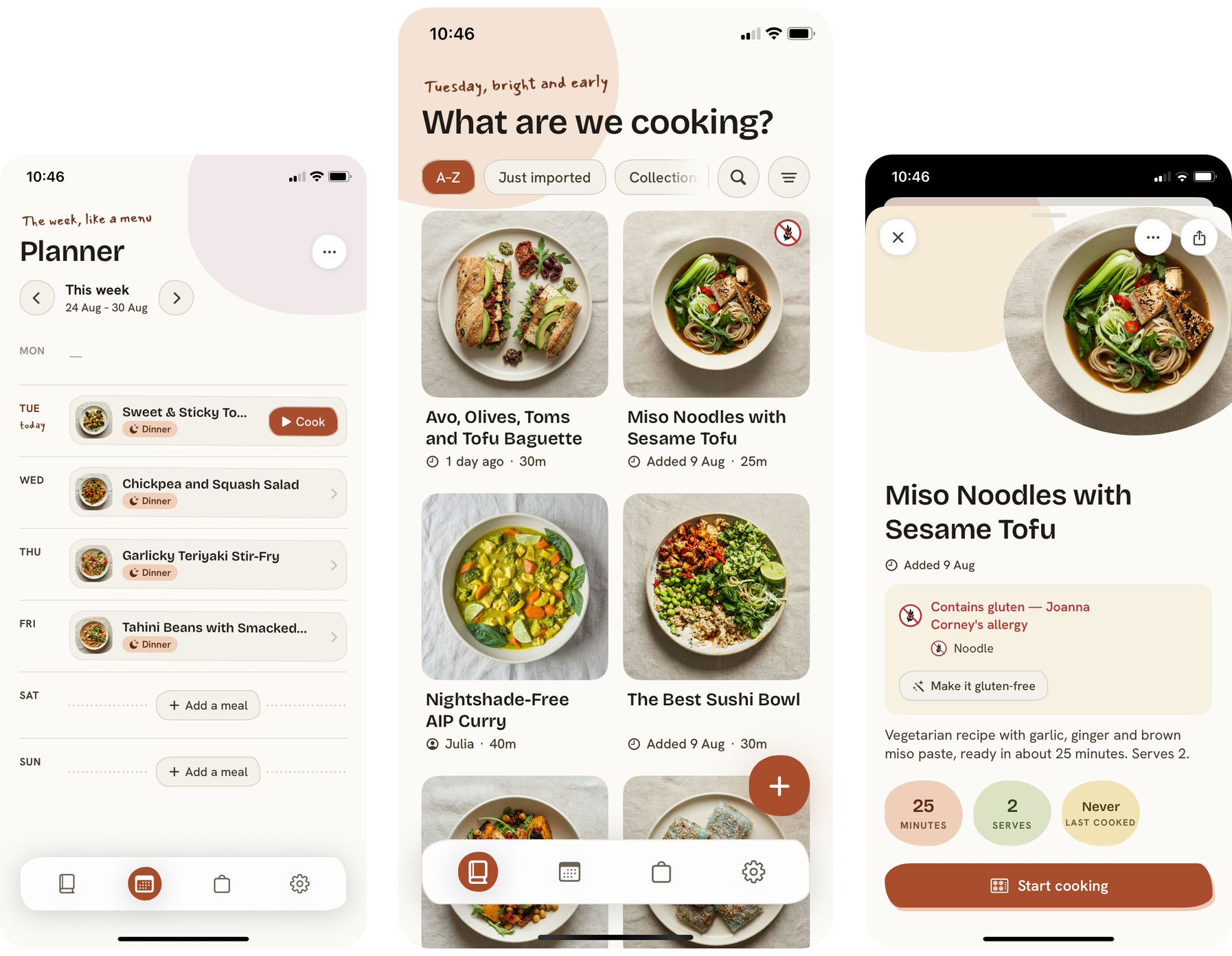 Olive on iPhone — the weekly planner, the recipe library and a recipe view