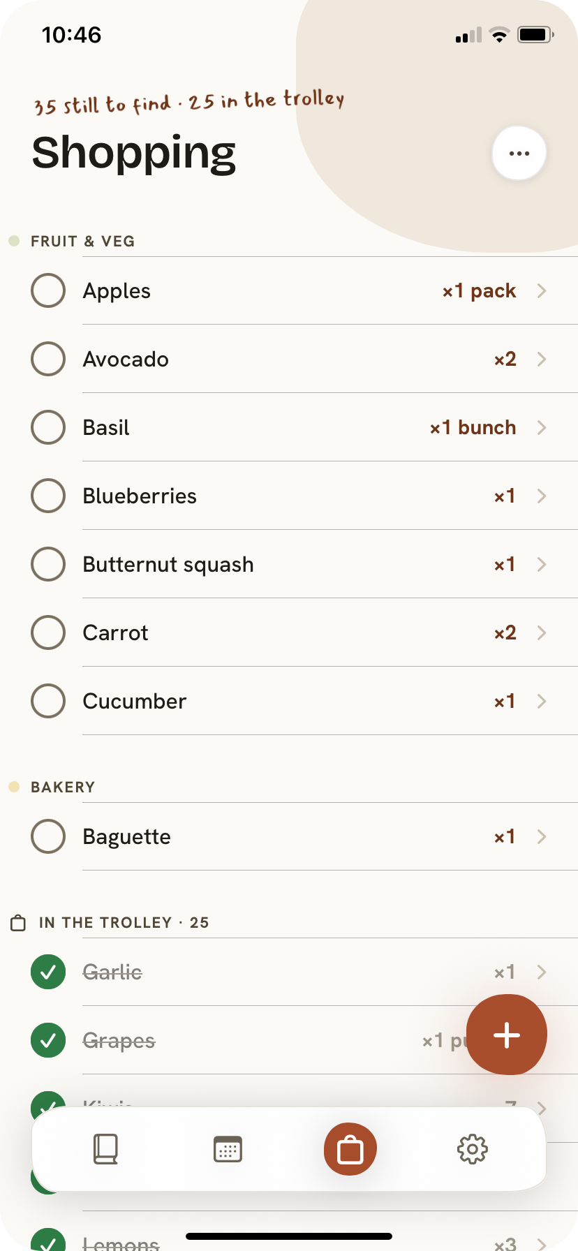The shopping list grouped by aisle, with what is still to find and what is in the trolley