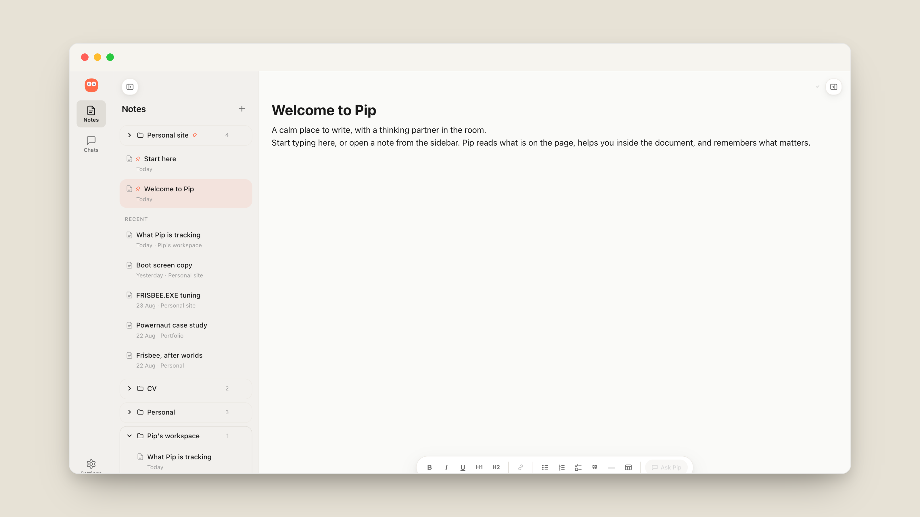The Pip workspace, a note open with the assistant working alongside it