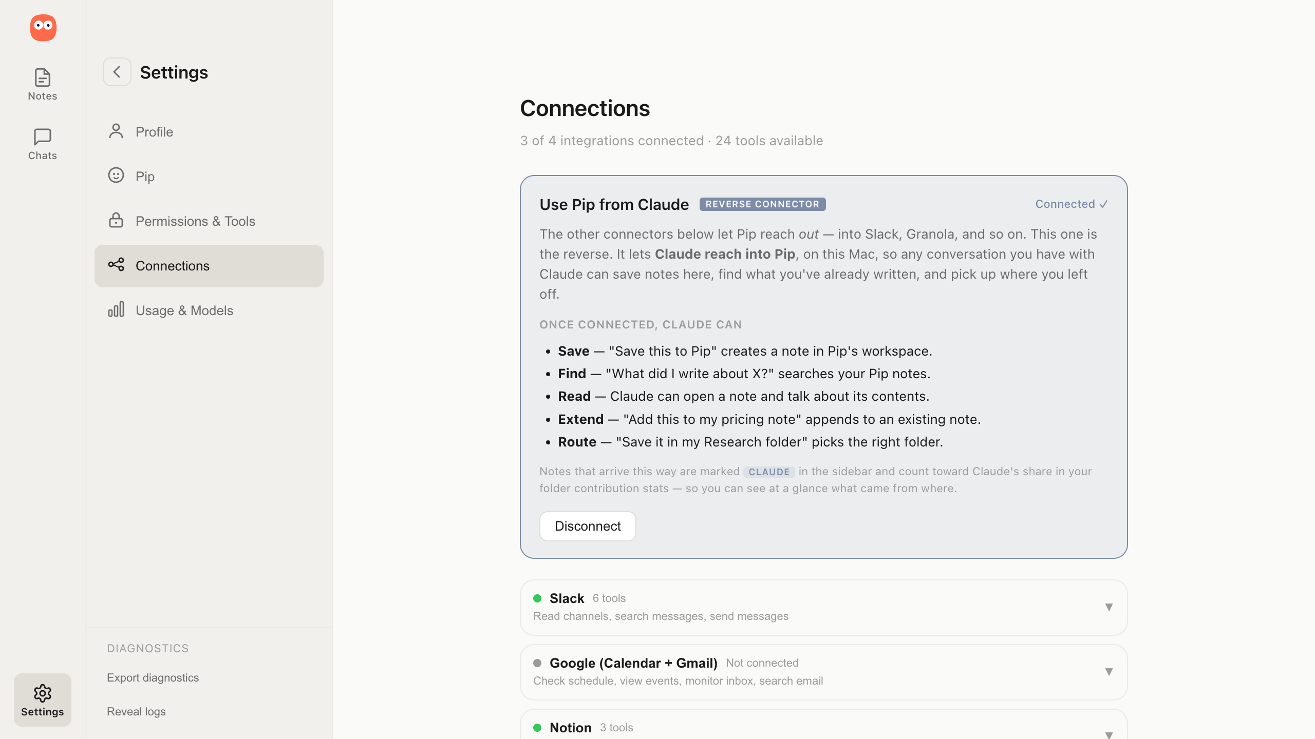 The reverse-connector settings that let Claude reach into Pip and read, write and search the notes