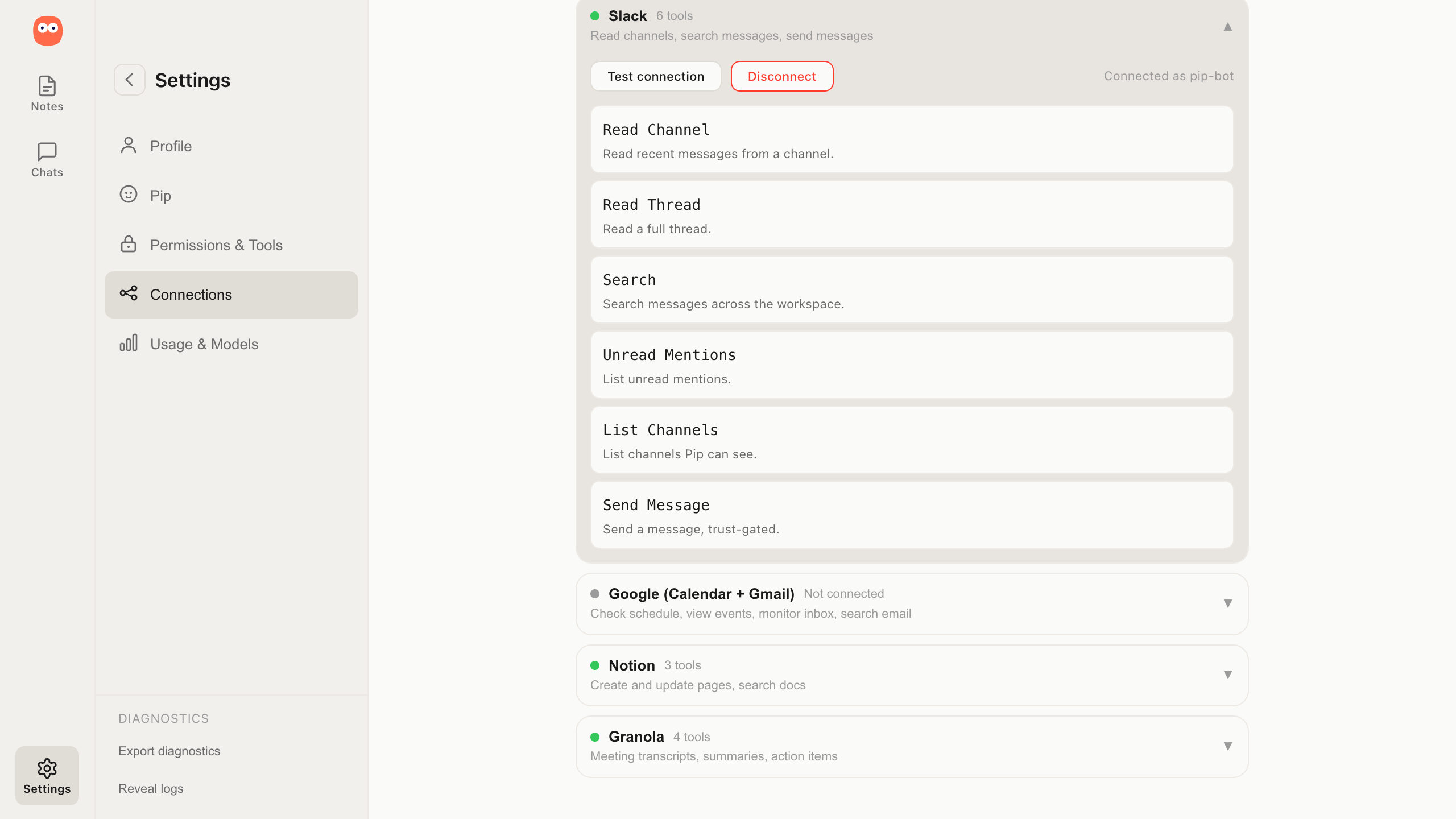 The connections settings in Pip, with Slack, Google, Notion and Granola and the tools each one adds