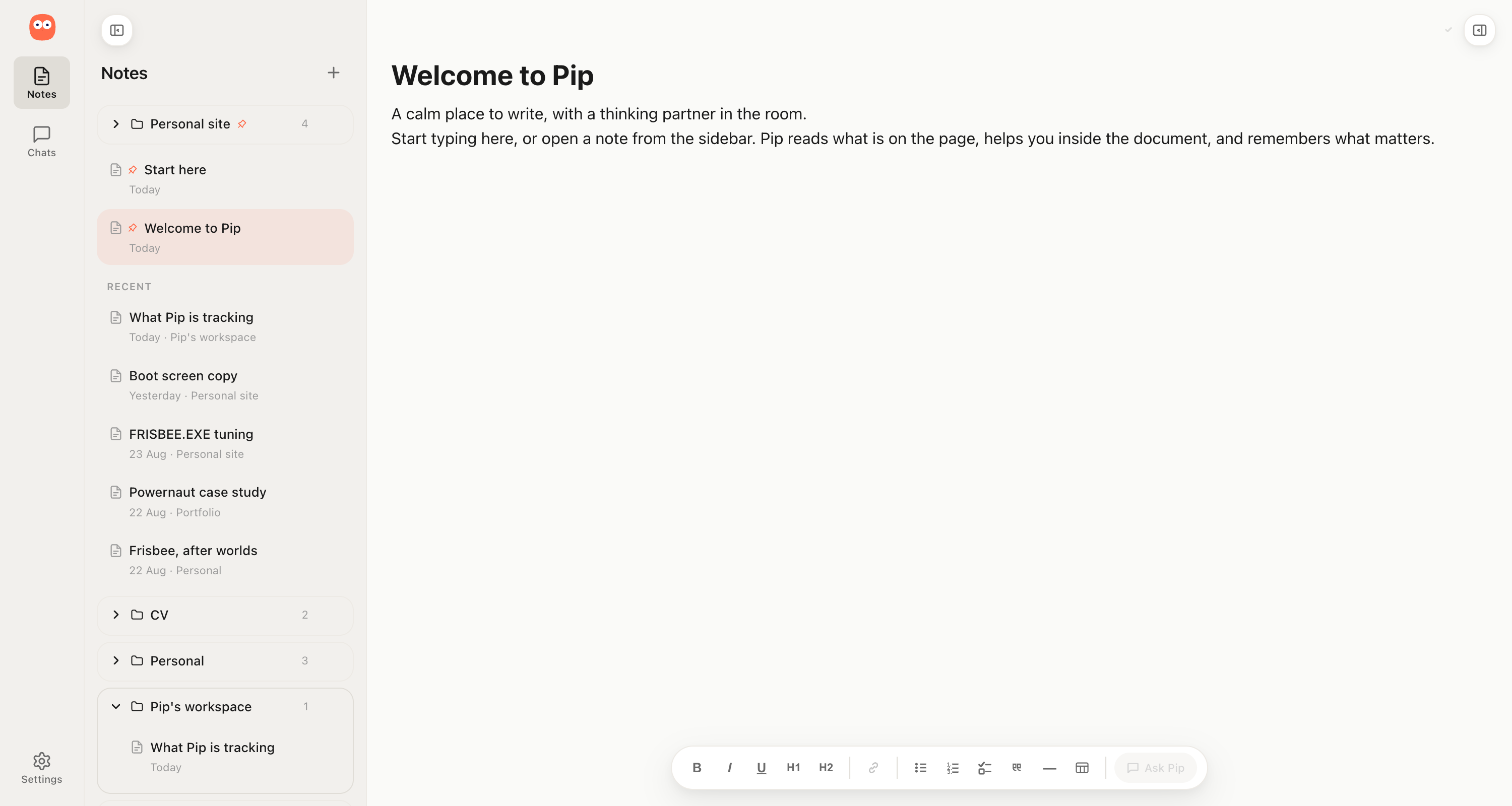 The Pip workspace, a note open with the assistant working alongside it