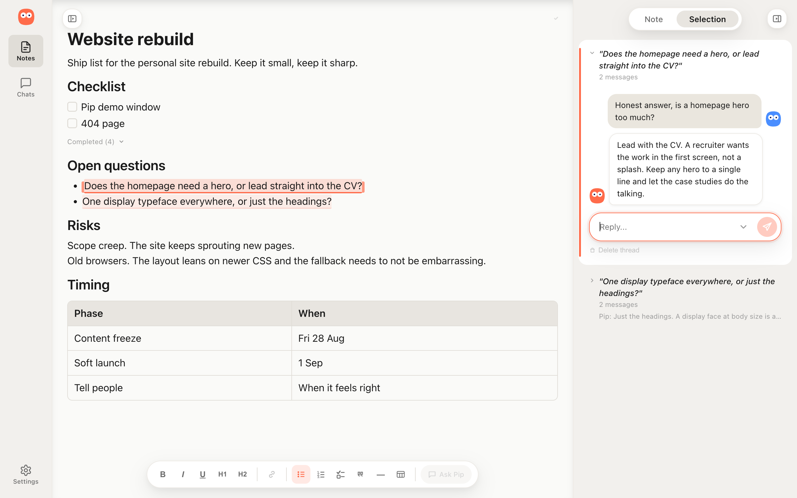 A highlighted line in a note with a conversation anchored to that selection