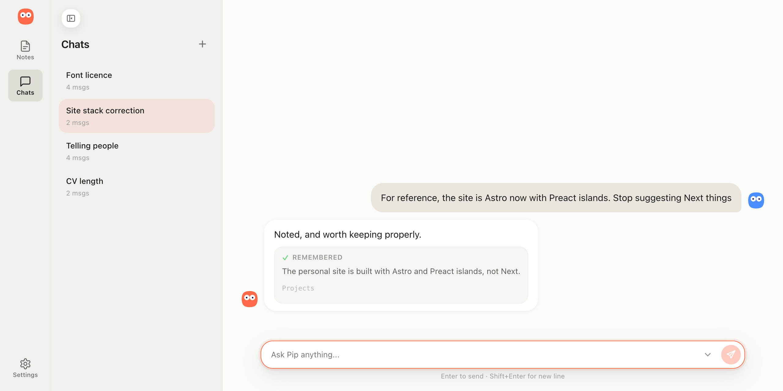 A chat message where Pip proposes something to remember and marks it approved