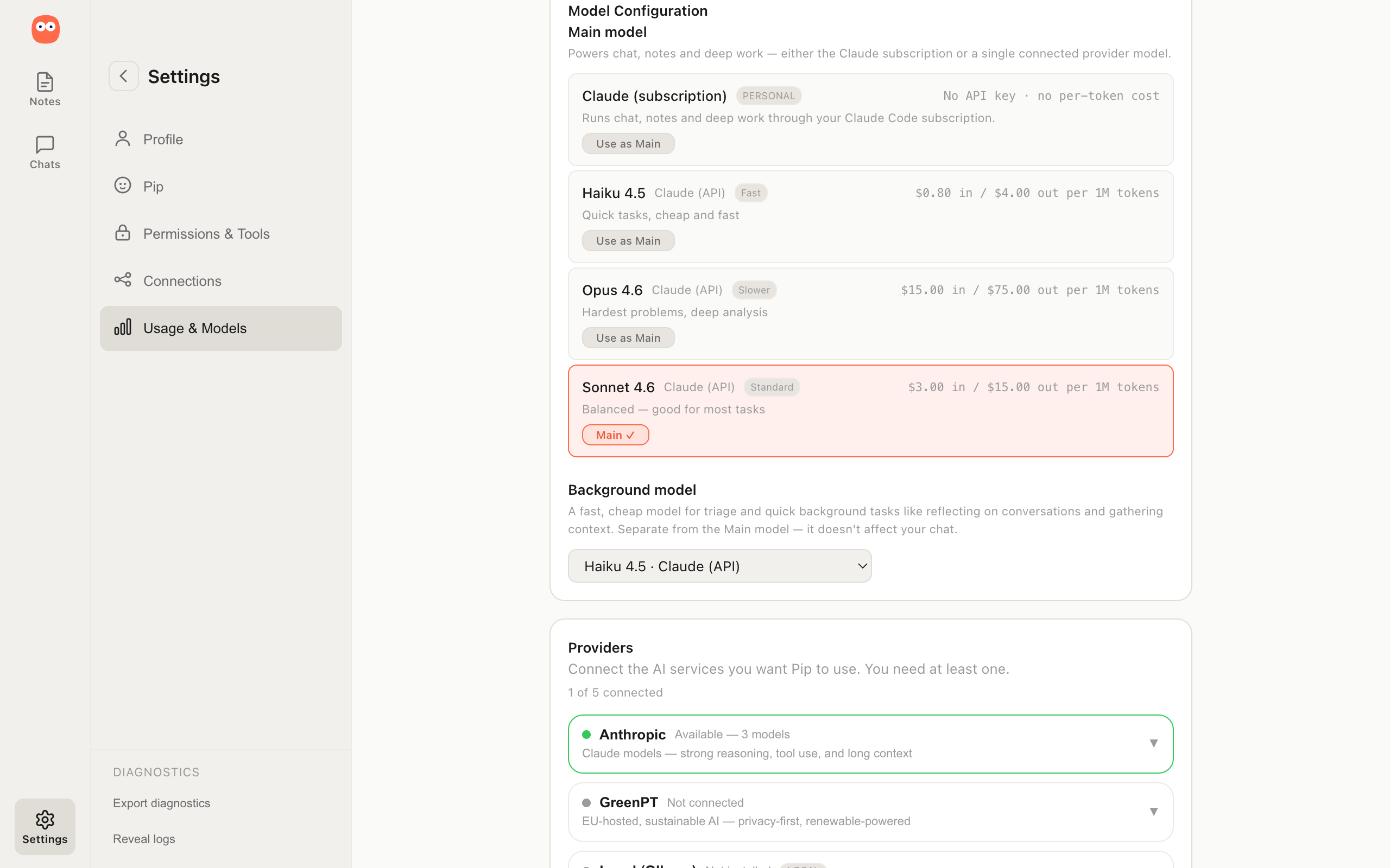 A model picker offering a subscription, cloud APIs and a local on-device option