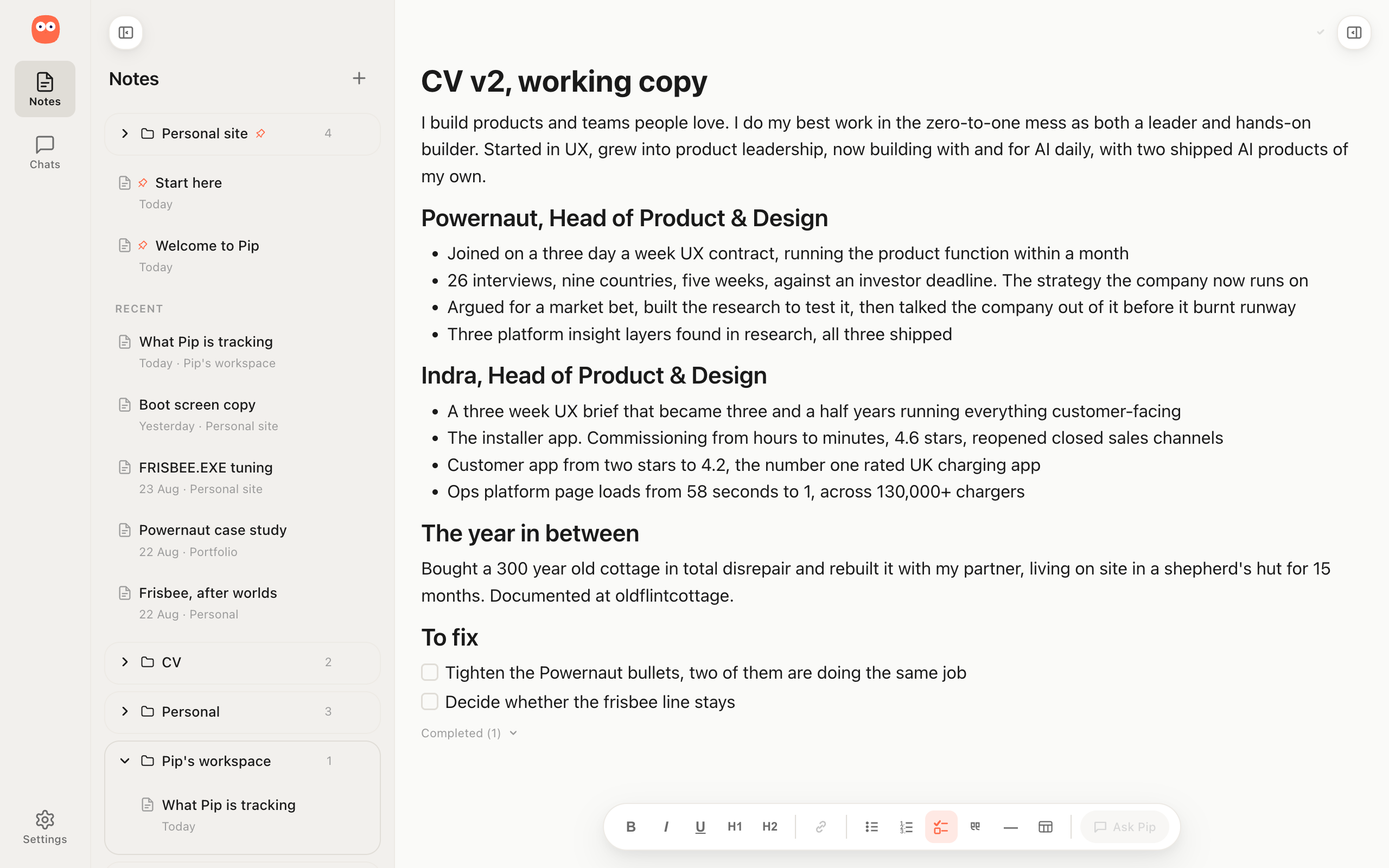 The Pip sidebar showing a folder tree, with a note open in the editor